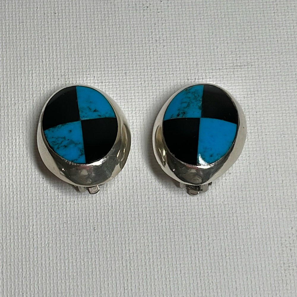 Sterling Silver, turquoise, and onyx clip on earrings